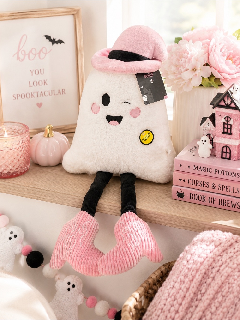 Oversized Pink Witch Ghost Squeaky Dog Toy Halloween Decor Plush